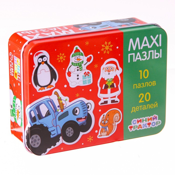 картинка Макси-пазлы в металлической коробке Синий трактор Новый год 20 деталей 10 пазлов  Puzzle Time от интернет-магазина