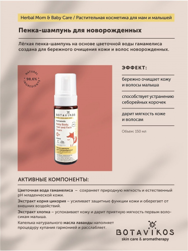 картинка Пенка-шампунь для новорожденных на основе цветочной воды гамамелиса 150 мл Botavikos от интернет-магазина